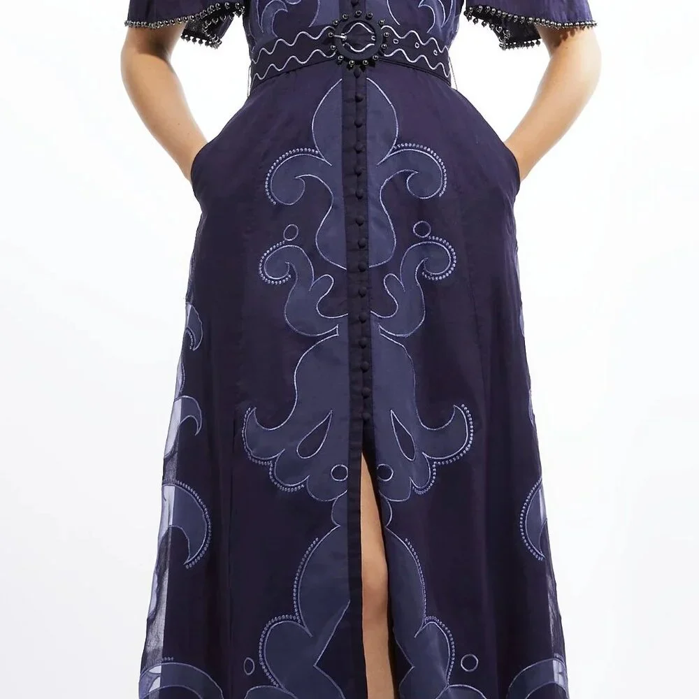 Karen Millen  Baroque Applique Linen Organdie Woven Maxi Dress - Picture 4 of 5
